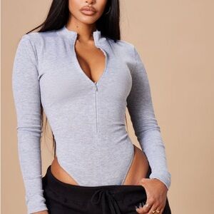 Fashion Nova Light Gray Zip-Up Bodysuit